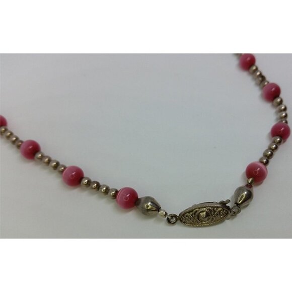 Vintage sterling silver 925 pink cat eye beads collar necklace single strand. - Picture 2 of 4